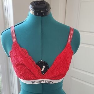 VICTORIA'S SECRET RED LACE BRALETTE RHINESTONE BLING SHOULDER STRAP WOMEN LARGE